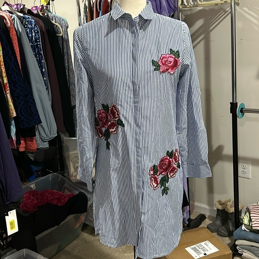 Striped Embroidered Button-down Blouse Tunic Dresa - Picture 2 of 10